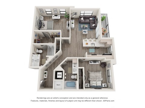 Floor plan for 2 beds, 2 baths, 1231 sqft
